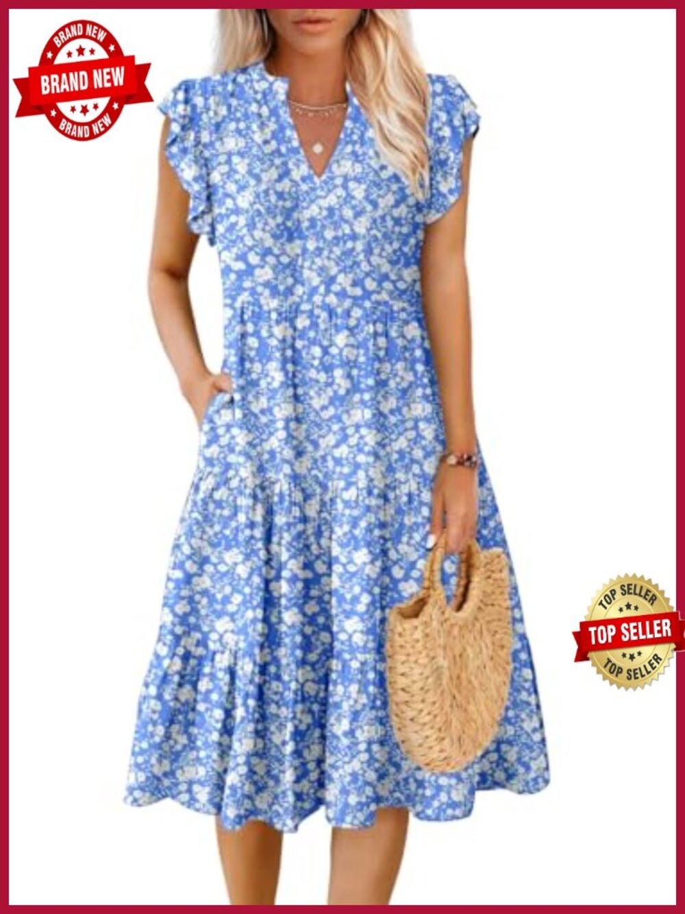 Womens Midi Dress Ruffle Sleeve V Neck Tiered Flowy Sundress Pockets